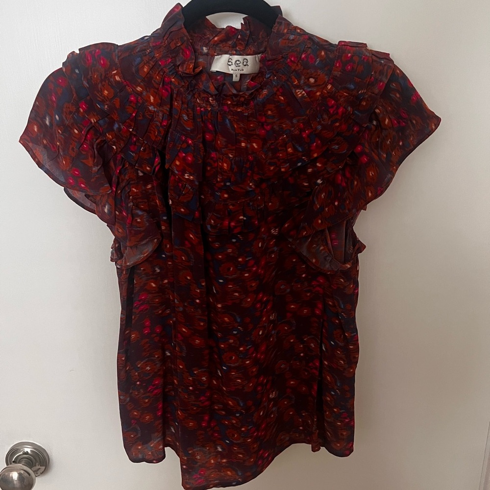 Sea silky ruffle blouse small